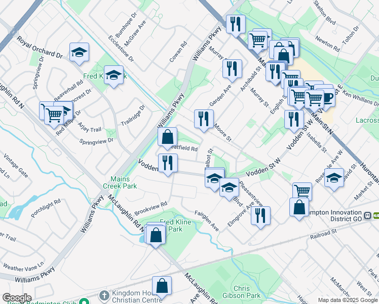 map of restaurants, bars, coffee shops, grocery stores, and more near 10 Wheatfield Road in Brampton