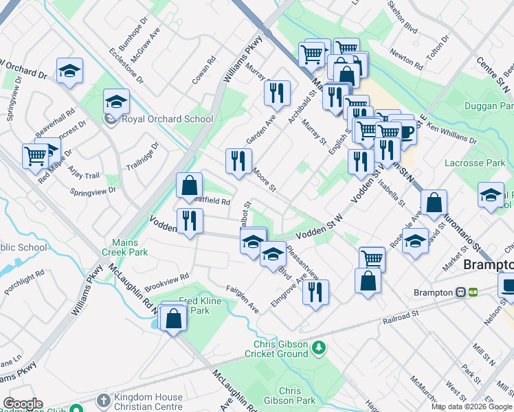 map of restaurants, bars, coffee shops, grocery stores, and more near 26 Talbot Street in Brampton