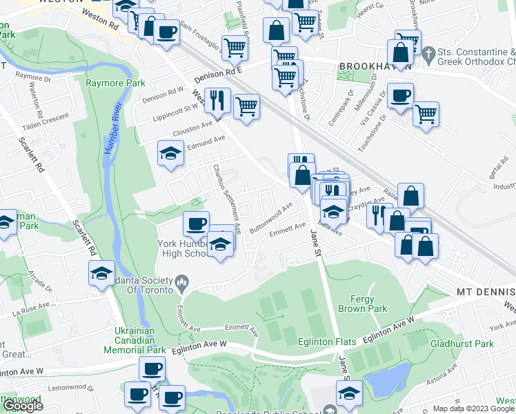 map of restaurants, bars, coffee shops, grocery stores, and more near 8 Birch Tree Crescent in Toronto