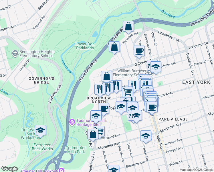 map of restaurants, bars, coffee shops, grocery stores, and more near 1243 Broadview Avenue in Toronto