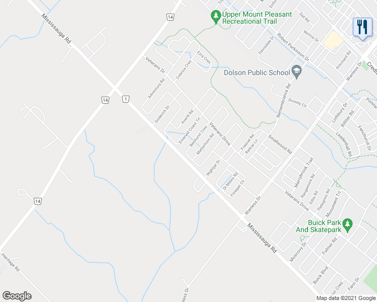 map of restaurants, bars, coffee shops, grocery stores, and more near 75 Benhurst Crescent in Brampton
