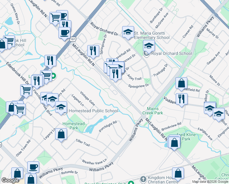 map of restaurants, bars, coffee shops, grocery stores, and more near 9750 McLaughlin Road North in Brampton