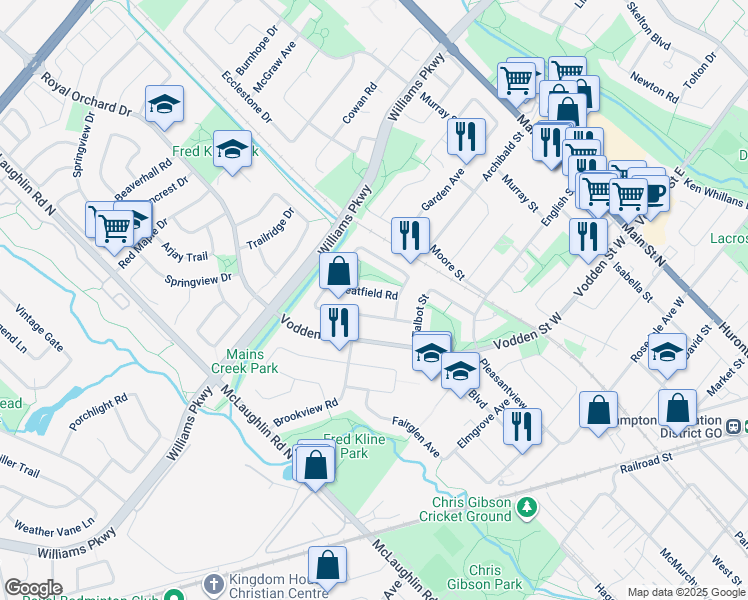 map of restaurants, bars, coffee shops, grocery stores, and more near 40 Martindale Crescent in Brampton