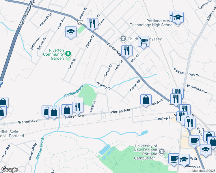 map of restaurants, bars, coffee shops, grocery stores, and more near Hicks Street in Portland
