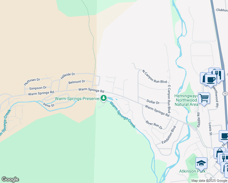 map of restaurants, bars, coffee shops, grocery stores, and more near 1519 Warm Springs Road in Ketchum