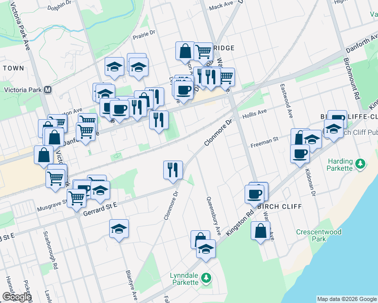 map of restaurants, bars, coffee shops, grocery stores, and more near 172 Clonmore Drive in Toronto