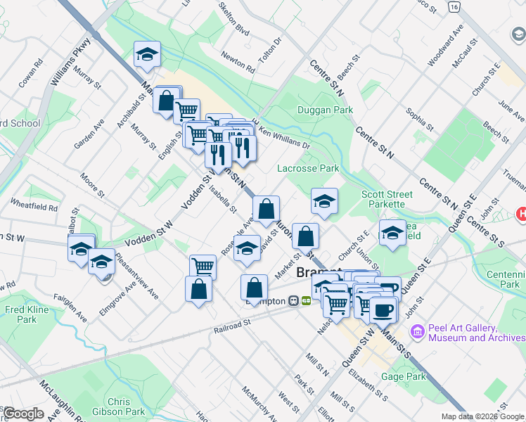 map of restaurants, bars, coffee shops, grocery stores, and more near 1 Rosedale Avenue West in Brampton