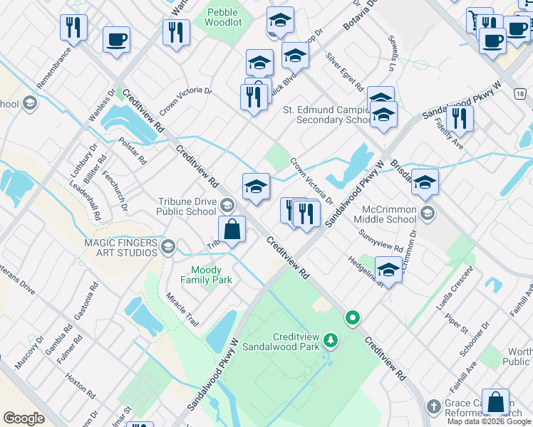 map of restaurants, bars, coffee shops, grocery stores, and more near 71 Roadmaster Lane in Brampton