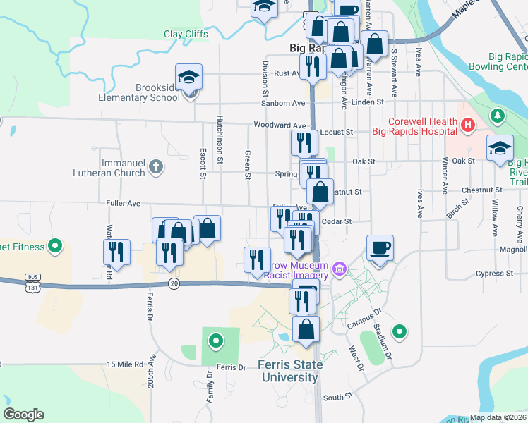 map of restaurants, bars, coffee shops, grocery stores, and more near 303 Fuller Avenue in Big Rapids