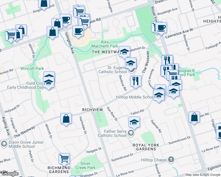 map of restaurants, bars, coffee shops, grocery stores, and more near 15 Baleberry Crescent in Toronto