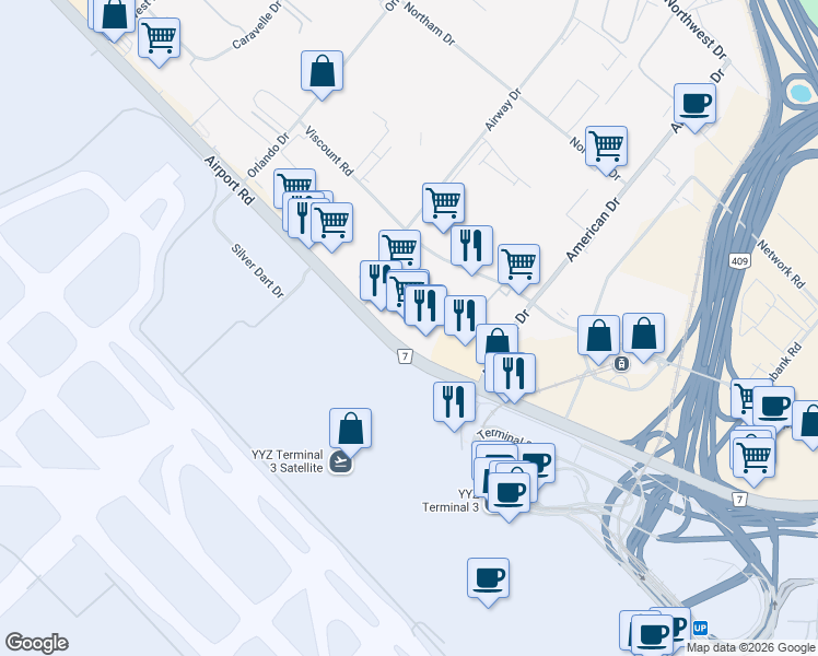 map of restaurants, bars, coffee shops, grocery stores, and more near 6303 Airport Road in Mississauga