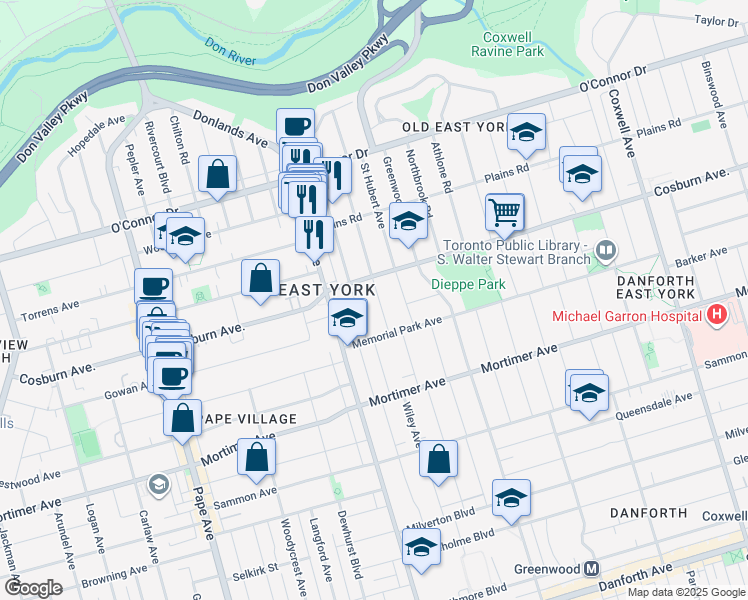 map of restaurants, bars, coffee shops, grocery stores, and more near 38 Cadorna Avenue in Toronto