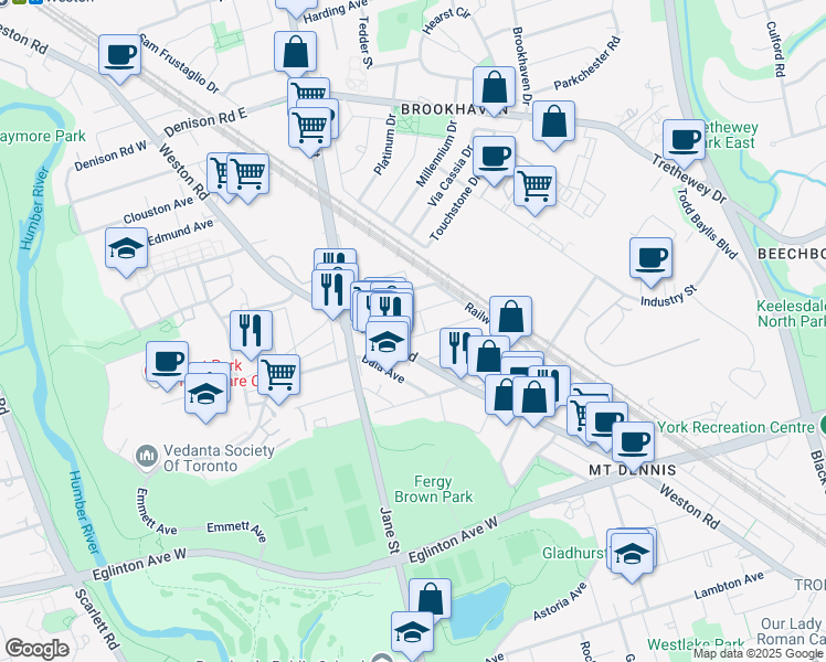 map of restaurants, bars, coffee shops, grocery stores, and more near 16 Craydon Avenue in Toronto