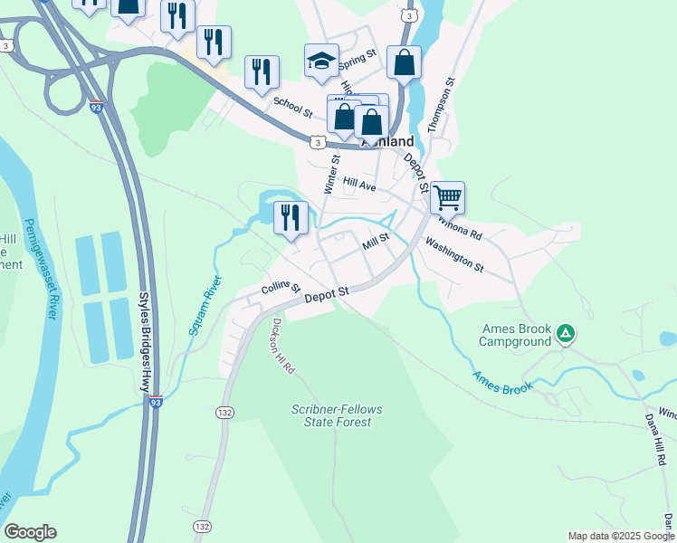 map of restaurants, bars, coffee shops, grocery stores, and more near 72 Depot Street in Ashland