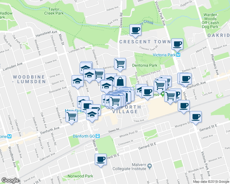 map of restaurants, bars, coffee shops, grocery stores, and more near in Toronto