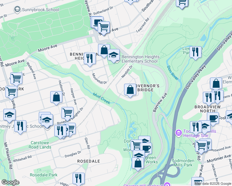 map of restaurants, bars, coffee shops, grocery stores, and more near 6 Nesbitt Drive in Toronto