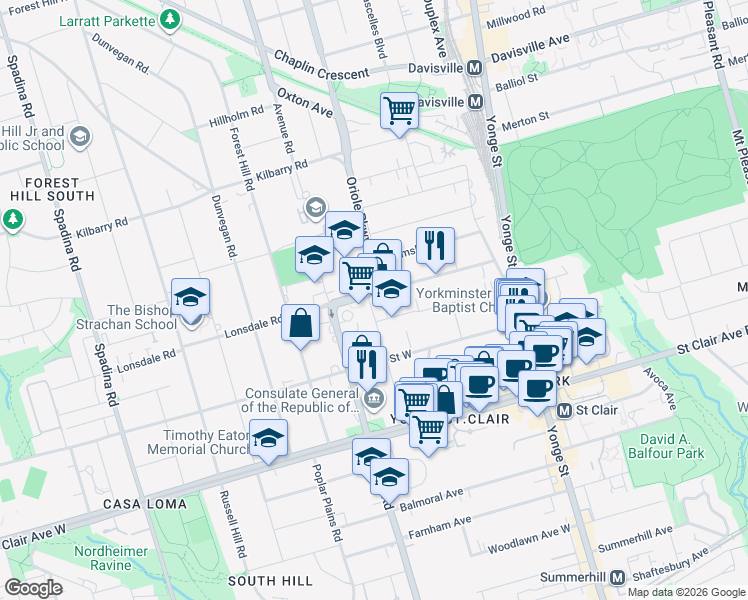 map of restaurants, bars, coffee shops, grocery stores, and more near 73 Oriole Gardens in Toronto