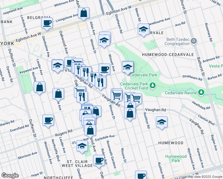 map of restaurants, bars, coffee shops, grocery stores, and more near 475 Winona Drive in Toronto