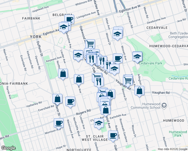 map of restaurants, bars, coffee shops, grocery stores, and more near in Toronto
