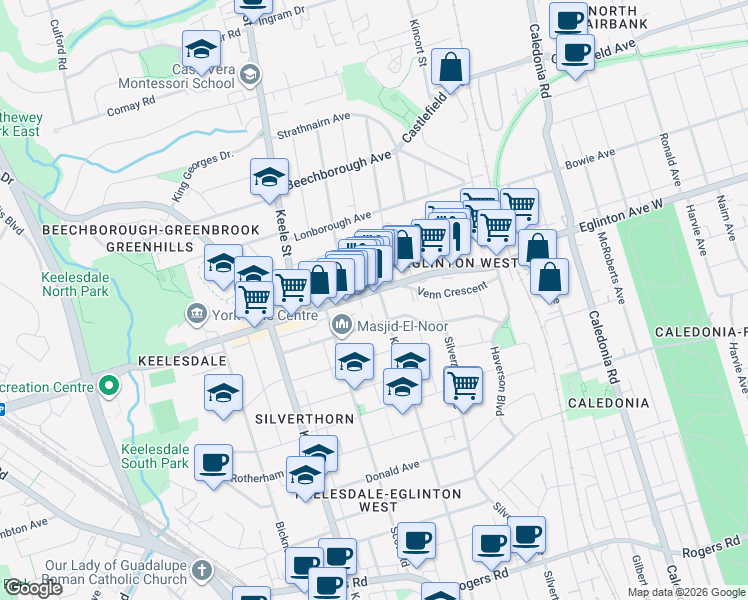 map of restaurants, bars, coffee shops, grocery stores, and more near 2515 Eglinton Avenue West in Toronto