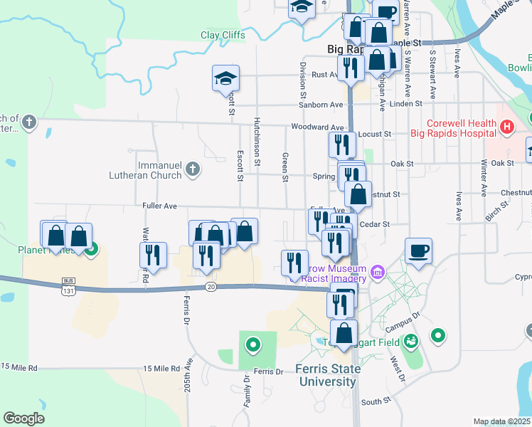 map of restaurants, bars, coffee shops, grocery stores, and more near 521 Fuller Avenue in Big Rapids