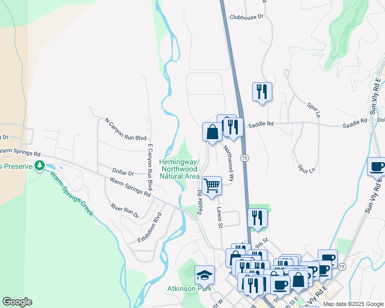 map of restaurants, bars, coffee shops, grocery stores, and more near 141 Red Fox Ln in Ketchum