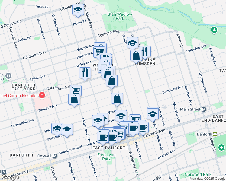 map of restaurants, bars, coffee shops, grocery stores, and more near 1167 Woodbine Avenue in Toronto