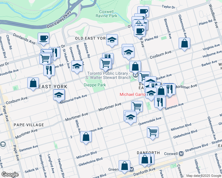 map of restaurants, bars, coffee shops, grocery stores, and more near 107 Memorial Park Avenue in Toronto