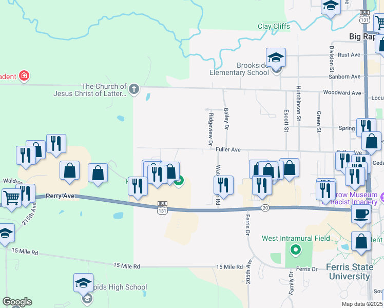 map of restaurants, bars, coffee shops, grocery stores, and more near 1033 Fuller Avenue in Big Rapids