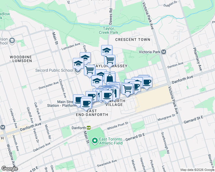 map of restaurants, bars, coffee shops, grocery stores, and more near 82 Dawes Road in Toronto