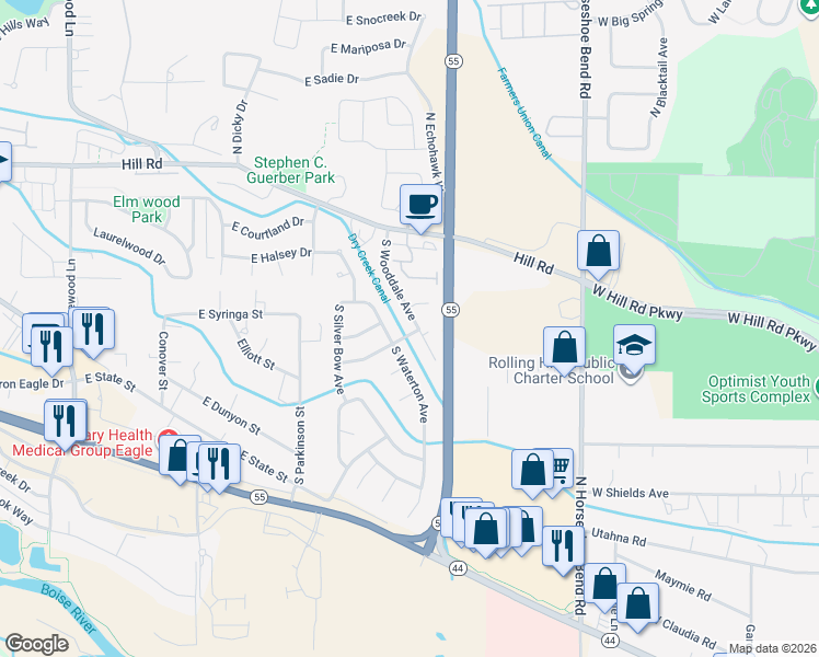 map of restaurants, bars, coffee shops, grocery stores, and more near 543 South Wooddale Place in Eagle