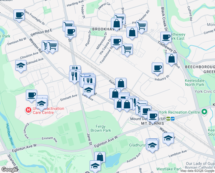 map of restaurants, bars, coffee shops, grocery stores, and more near 51 Craydon Avenue in Toronto
