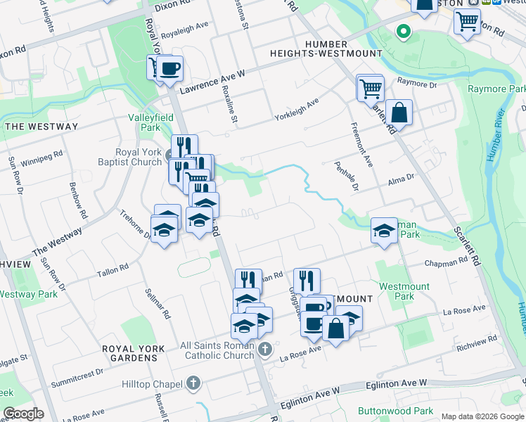 map of restaurants, bars, coffee shops, grocery stores, and more near Westmount Park Road in Toronto