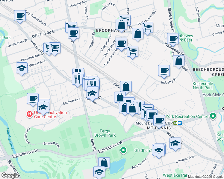map of restaurants, bars, coffee shops, grocery stores, and more near 51 Craydon Avenue in Toronto