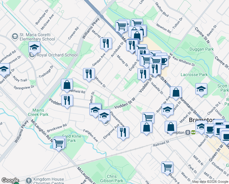 map of restaurants, bars, coffee shops, grocery stores, and more near 71 English Street in Brampton