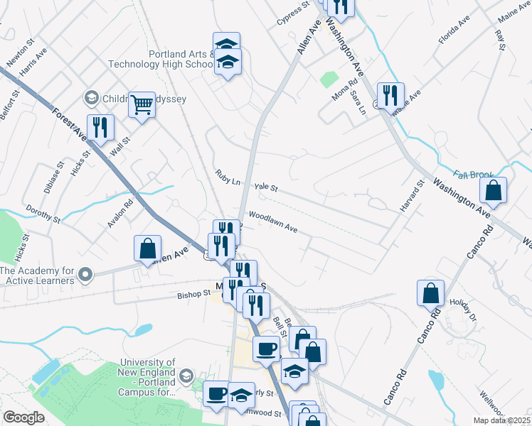 map of restaurants, bars, coffee shops, grocery stores, and more near 33 Woodlawn Avenue in Portland