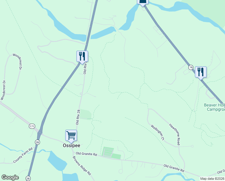 map of restaurants, bars, coffee shops, grocery stores, and more near snowmobile trial in Ossipee