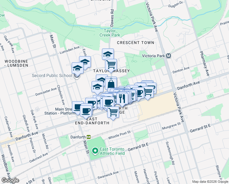 map of restaurants, bars, coffee shops, grocery stores, and more near in Toronto