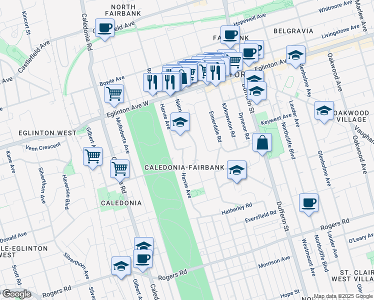 map of restaurants, bars, coffee shops, grocery stores, and more near in Toronto