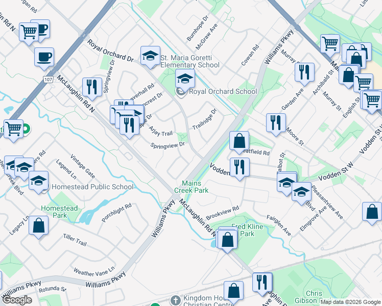 map of restaurants, bars, coffee shops, grocery stores, and more near 8 Shallimar Court in Brampton
