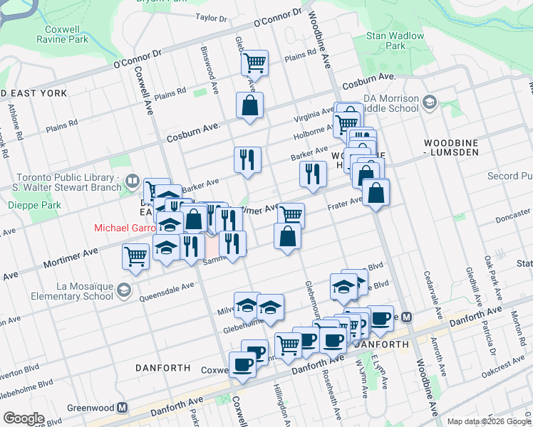 map of restaurants, bars, coffee shops, grocery stores, and more near 609 Mortimer Avenue in Toronto