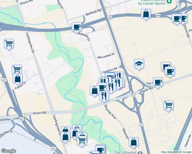 map of restaurants, bars, coffee shops, grocery stores, and more near 220 Attwell Drive in Toronto