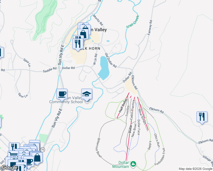 map of restaurants, bars, coffee shops, grocery stores, and more near 24 Dollar Road in Sun Valley