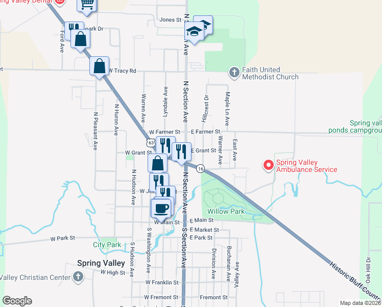 map of restaurants, bars, coffee shops, grocery stores, and more near 304 Center Avenue in Spring Valley