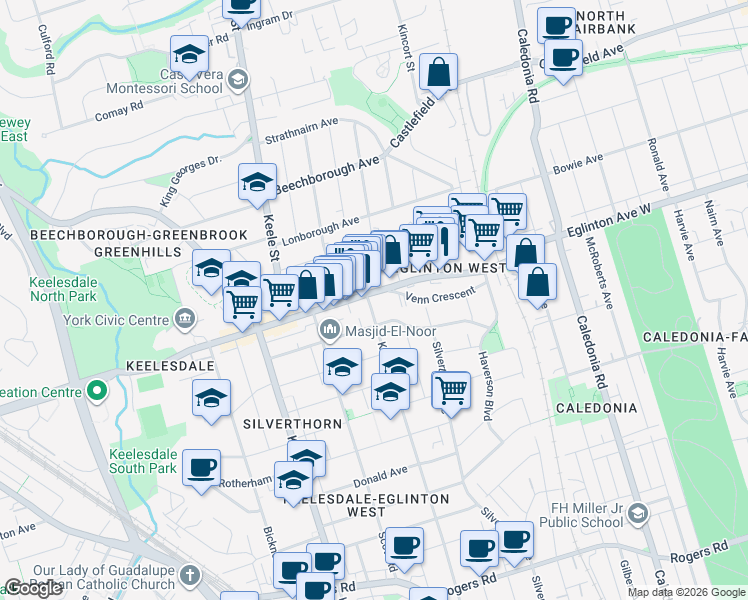 map of restaurants, bars, coffee shops, grocery stores, and more near 2507 Eglinton Avenue West in Toronto