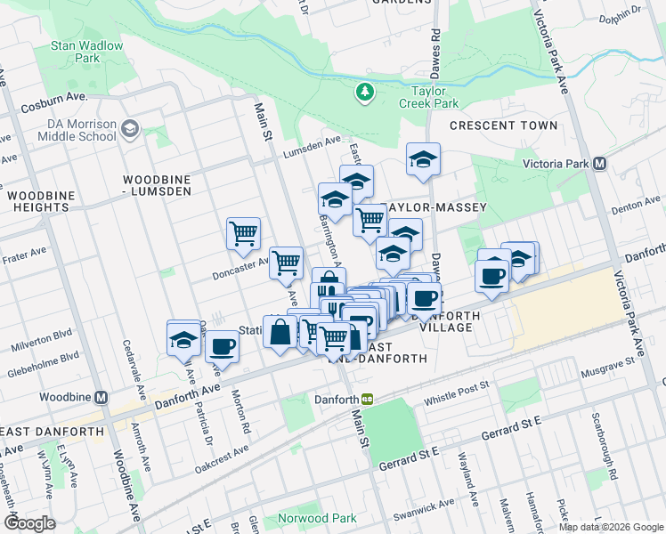 map of restaurants, bars, coffee shops, grocery stores, and more near 76 Barrington Avenue in Toronto