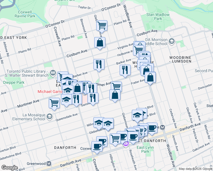 map of restaurants, bars, coffee shops, grocery stores, and more near 609 Mortimer Avenue in Toronto