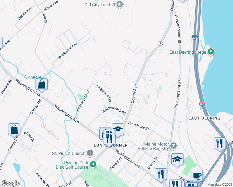 map of restaurants, bars, coffee shops, grocery stores, and more near 13 Cushing Court in Portland