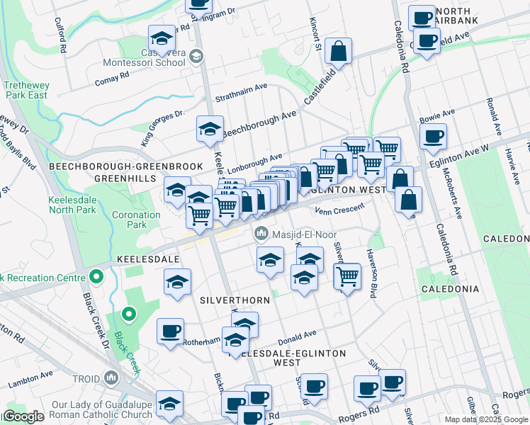 map of restaurants, bars, coffee shops, grocery stores, and more near 2558 Eglinton Avenue West in Toronto