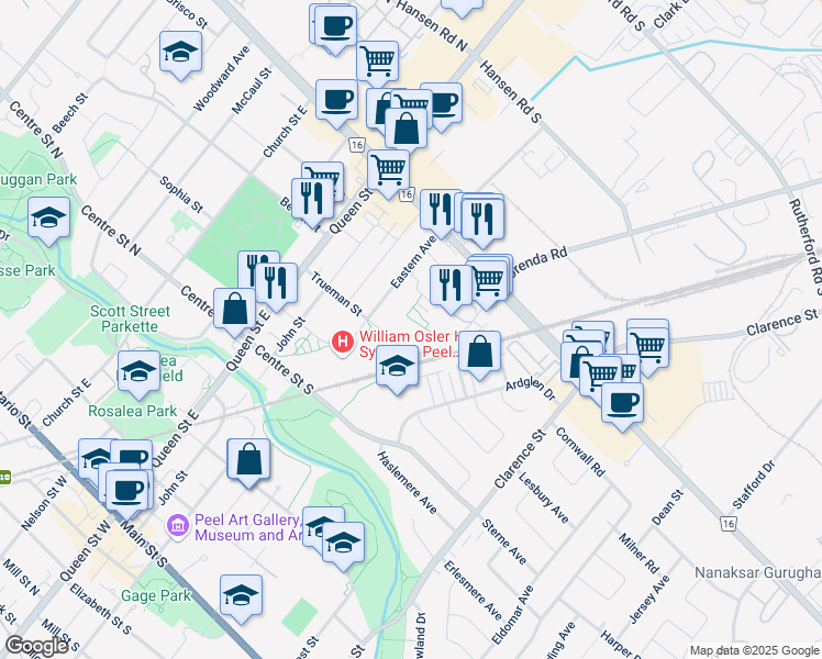 map of restaurants, bars, coffee shops, grocery stores, and more near 85 Orenda Court in Brampton